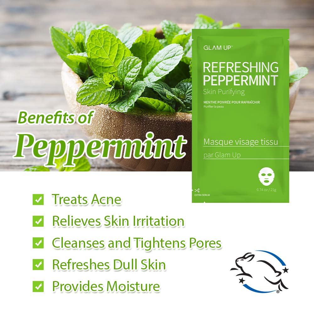 GLAM UP Sheet Mask Refreshing Peppermint (10 sheets) - Calming, Pore Tightening