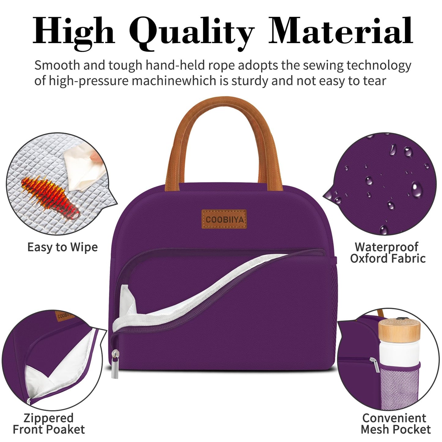 Coobiiya Lunch Bag Women, Lunch Box Lunch Bag for Women Adult Men, Small Leakproof Cute Lunch Tote Large Capacity Reusable Insulated Cooler Lunch Container for Work/Office/Picnic/Travel-Purple