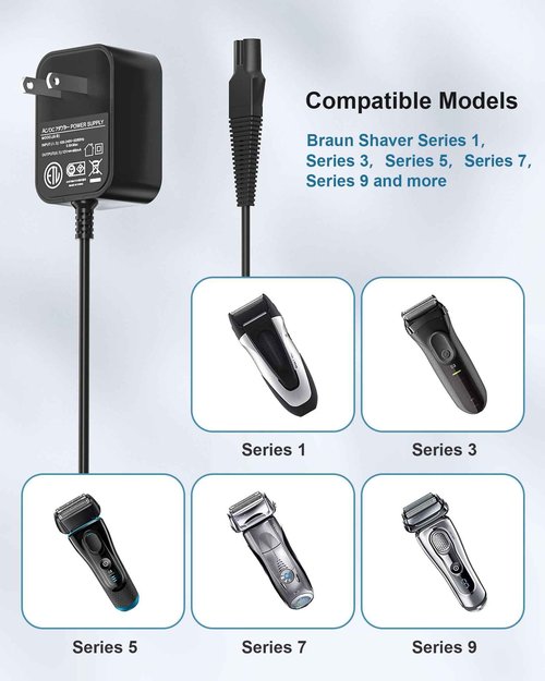 12V Charger Replacement for Braun Shaver Series 3/5/7/9/1, Auto Power Off & Charging Display 12V 400mA Power Cord Compatible with Braun Shaver Series Razor 3040s 310s 340S, 5018s, 740S and More Models
