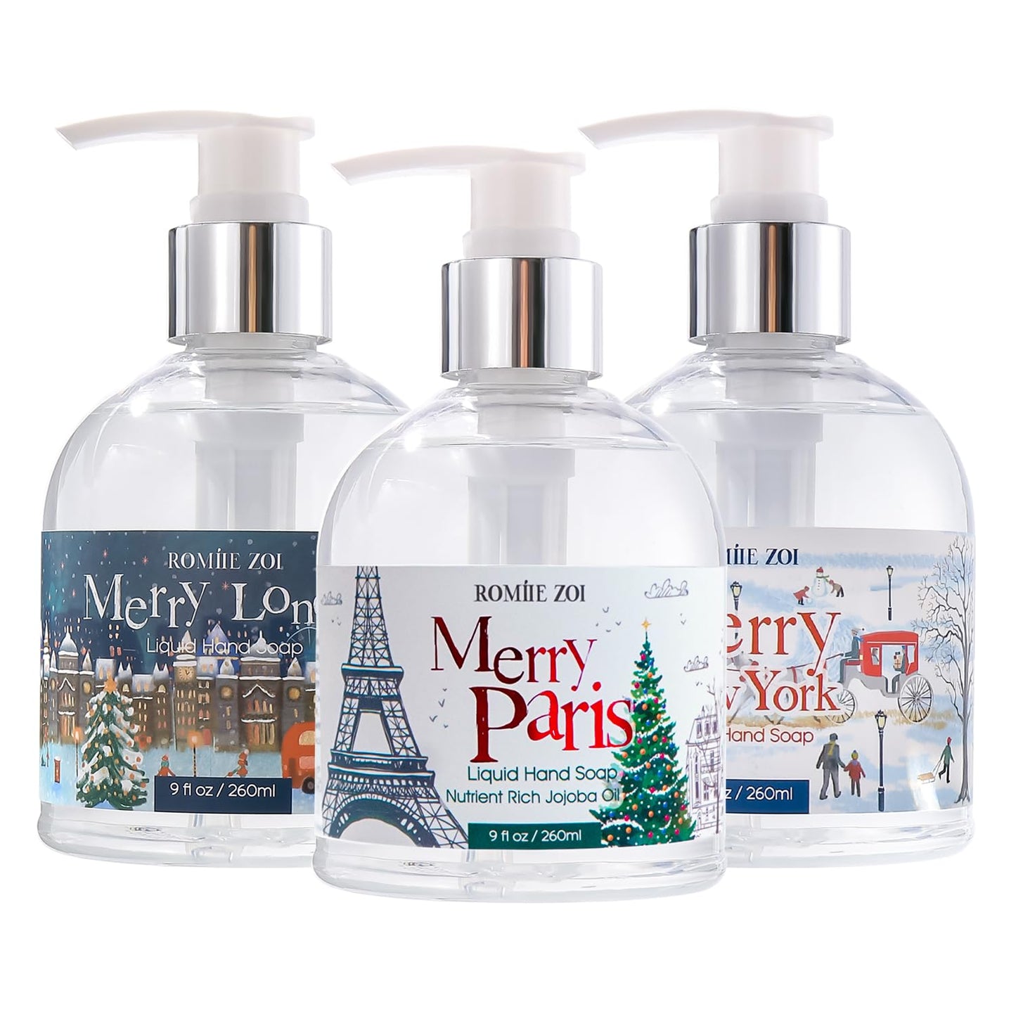 ROMIIE ZOI Christmas Liquid Hand Soap with Gift Box - 260ml/ 9 fl. Oz - Variety Pack of 3（Merry London，Merry New York,Merry Paris）