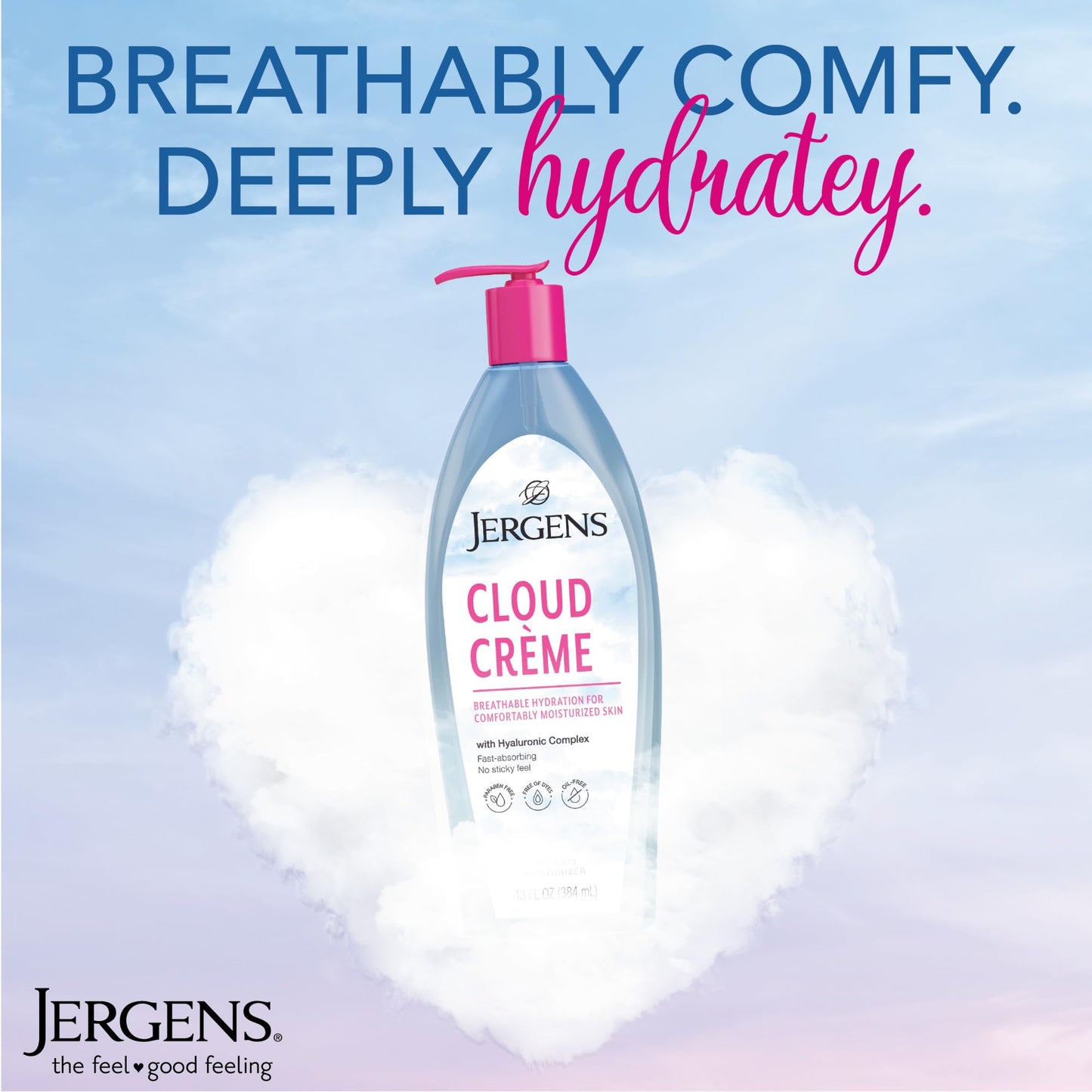 Jergens Cloud Creme Breathable Body Lotion, Fast-Absorbing Hydrating Moisturizer, Paraben-Free, with Hyaluronic Complex, Non-Greasy Application, 13 oz,White