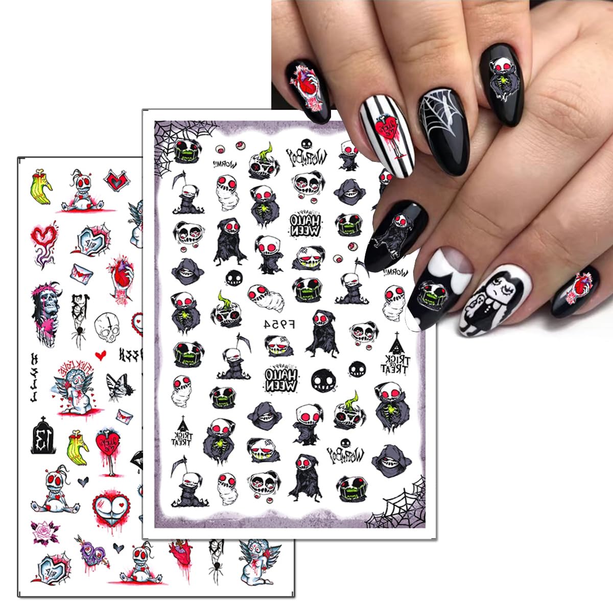 10Sheets Halloween Nails Art Stickers Decals Scary Ghost Nail Art DIY Rose Butterflies Nail Design Halloween Gothic Bloody Eye Nail Stickers Decals for Women Girls Manicure Decoration Supplies.