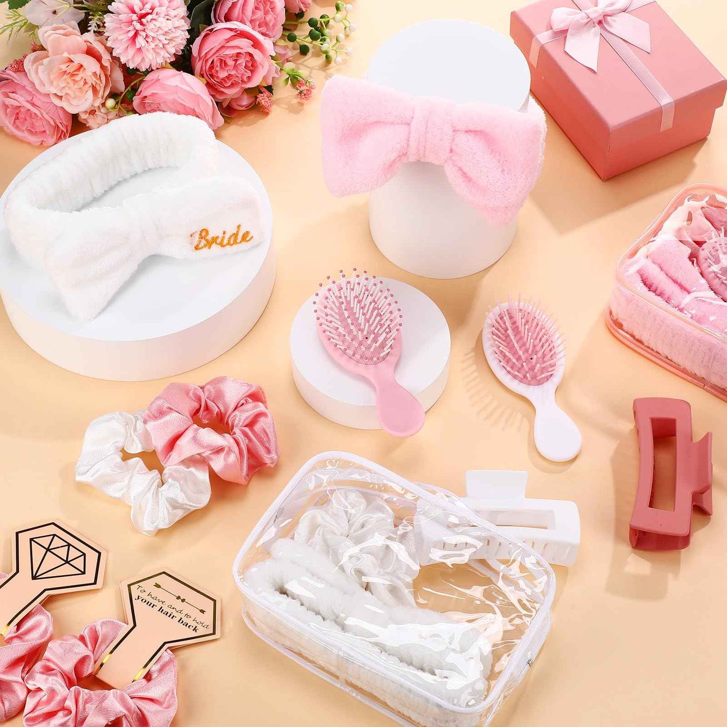 Wavyknot 40 Pcs Bachelorette Favor Set Include Headband Scrunchies Hair Claw Clips Hairbrush and Makeup Bag for Bridal Shower Party Gifts Bridesmaid Wedding Supplies (White and Pink)
