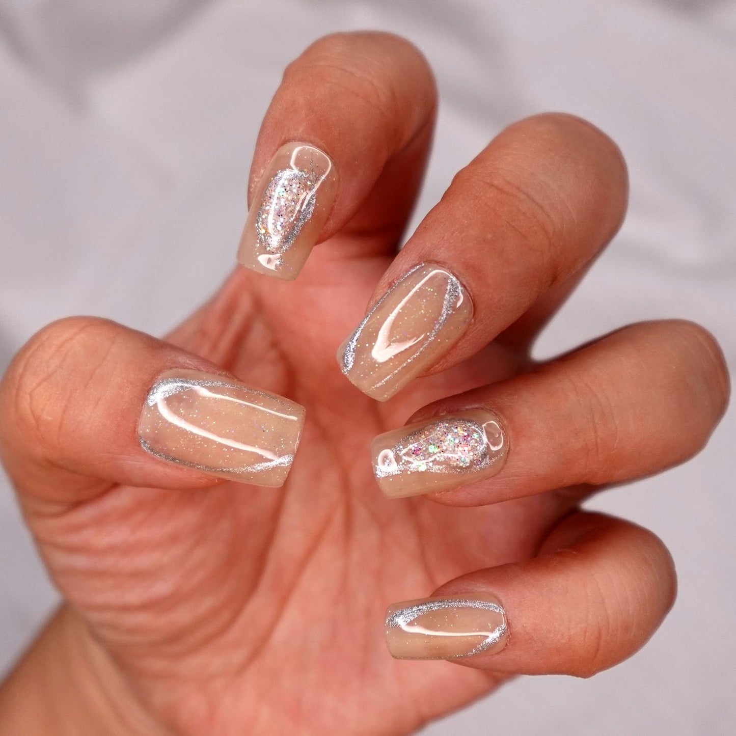 10 Pcs Handmade Press on Nails (X-Small, Nude Crystal - Jelly Nude with Unicorn Micro Glitter Silver Geode Design/Short Square) A120XS