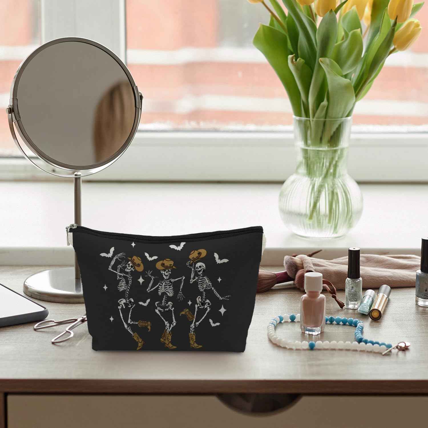 ignytiger Goth Skull Halloween Makeup Bag, Funny Dancing Skeleton Cosmetic Bag for Women, Halloween Gifts for Women, Dark Academia Makeup Pouch, Cool Horror Makeup Bag