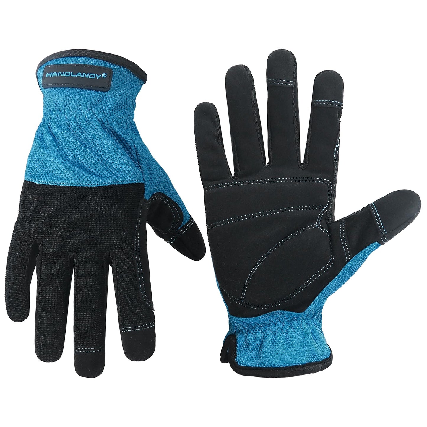 HANDLANDY Mens Work Gloves, Flexible Utility Working Gloves, Touch Screen Outdoor Yard Gloves (Black-blue, Small (Pack of 1))