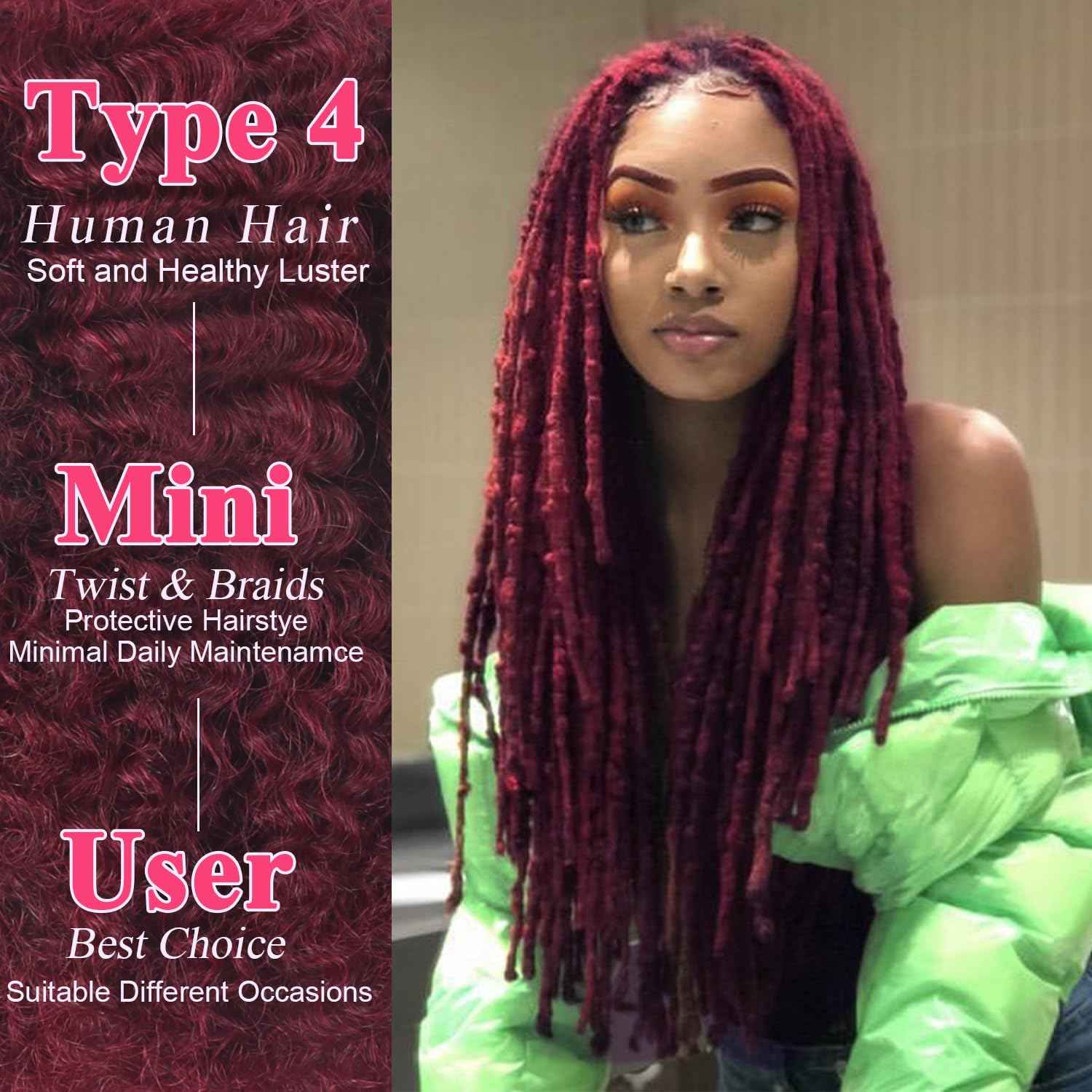 Afro Kinkys Bulk Human Hair for Braiding Burgundy Afro Kinky-Curly Human Hair Bulk for Twist 16 Inch 50g/Bundle 99J No Weft 4c Kinky Curly Bundles for Braids Micro Locs Dreadlock Extensions