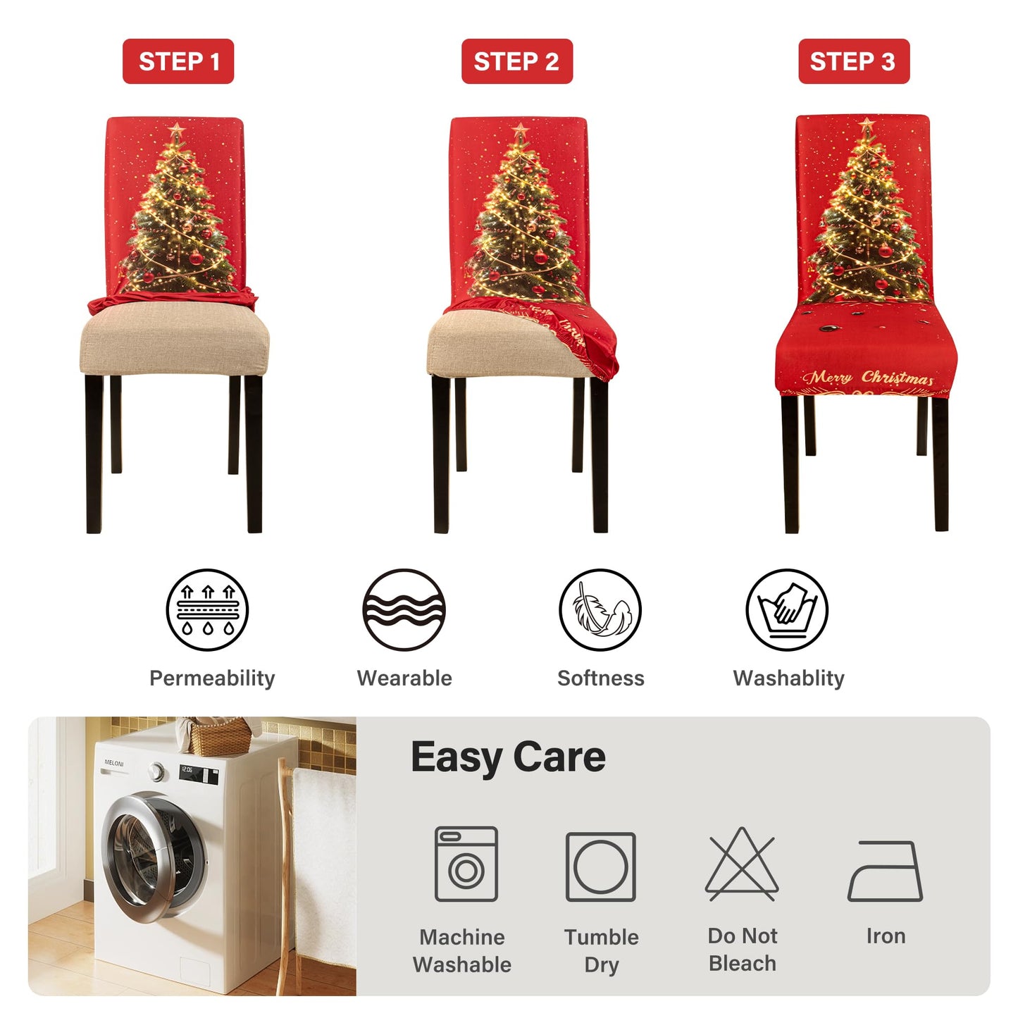 4PCS Christmas Dining Chair Covers Stretch Removable Washable Dining Room Chair Protector Slipcover 3D Print Xmas Tree Bow Tie Kitchen Chair Cover Slipcovers for Xmas Holiday Party Home Décor