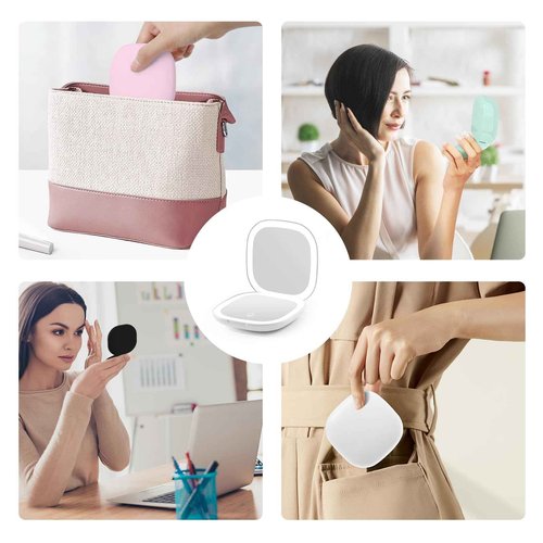 Compact Magnifying Travel Makeup Mirror with LED Light - 3.5 inches 1X/10X Magnification Small Hand Pocket Dimmable Double Sided USB Rechargeable Touch Screen, Portable Tabletop Cosmetic (White)