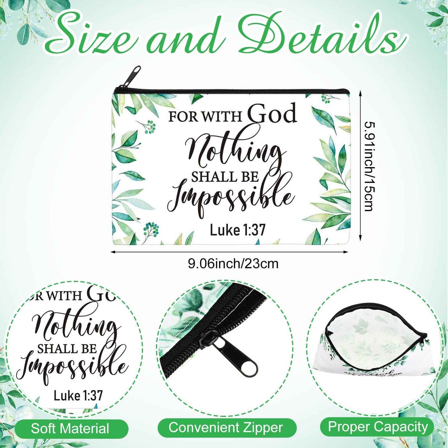 Hillban 36 Pcs Christian Gifts for Women Christian Makeup Bag Bible Verse Cosmetic Bag Inspirational Pencil Case with Zipper Green Leaves Travel Organizer Pouch for Cosmetics Makeup Brushes, 12 Styles