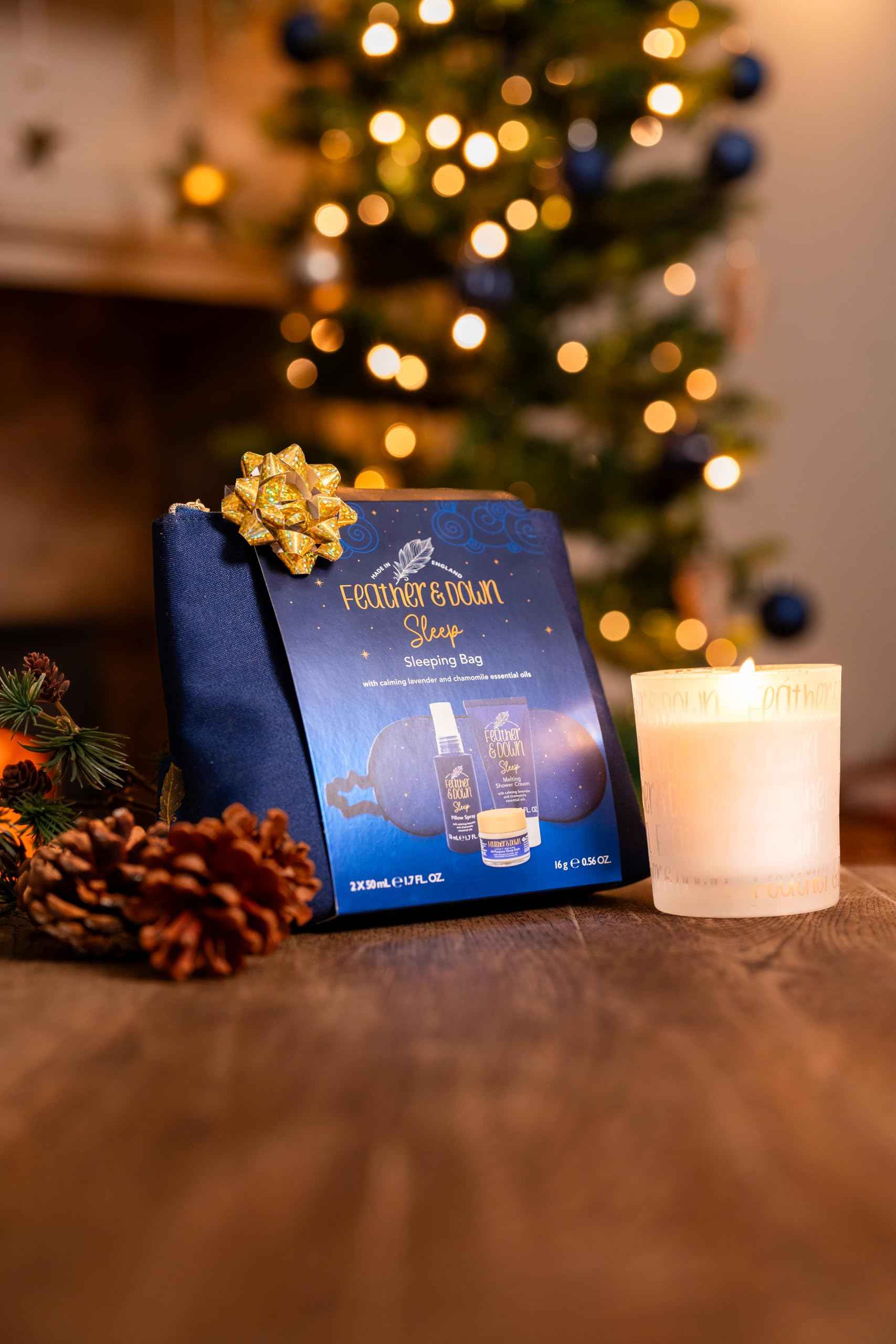 Feather & Down Sleeping Bag Gift Set: Luxury Eye Mask, Sleep Balm, Pillow Spray and Shower Cream, with Calming Lavender & Chamomile Essential Oils, Vegan & Cruelty Free