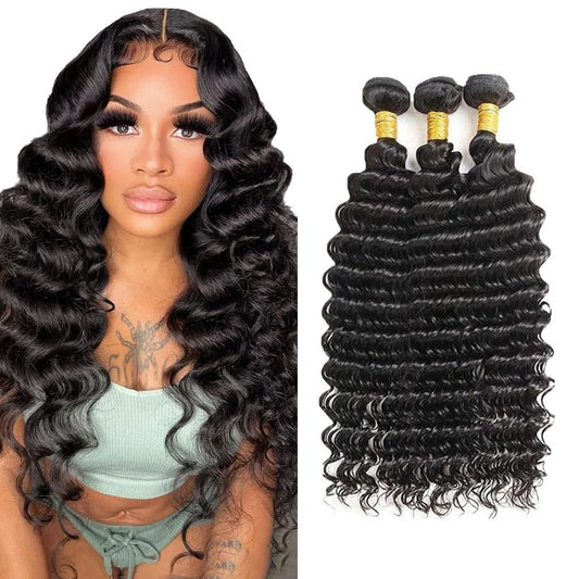 Deep Wave Bundles Human Hair 1B Deep Curly Bundles 12 14 16 Inch 3 Bundles Wet and Wavy Bundles Grade 8A Remy Natural Black Deep Wave Bundle