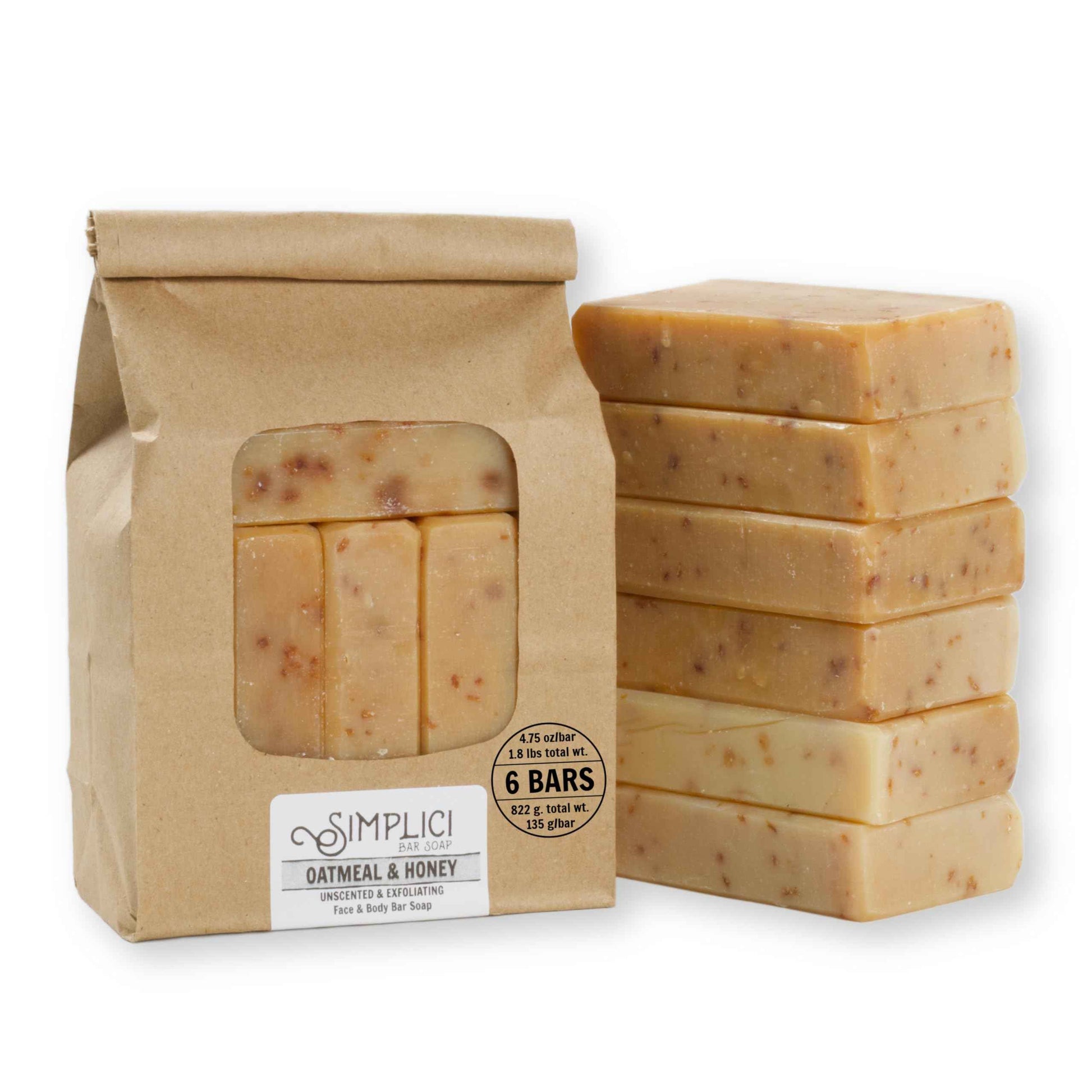 Simplici Oatmeal & Honey Natural Soap (exfoliating + for sensitive skin) 6 Bar Value Bag. Palm Free.