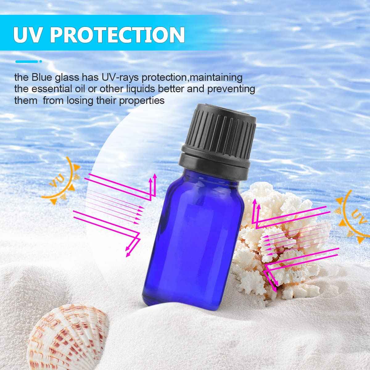 BOSMIOW 10 ml(1/3 oz) Sample Glass Bottles For Essential Oils 20 Pcs Empty Glass Dropper Vials With Orifice Reducers For DIY Perfume Aromatherapy Fragrance Cosmetic Oils (blue)