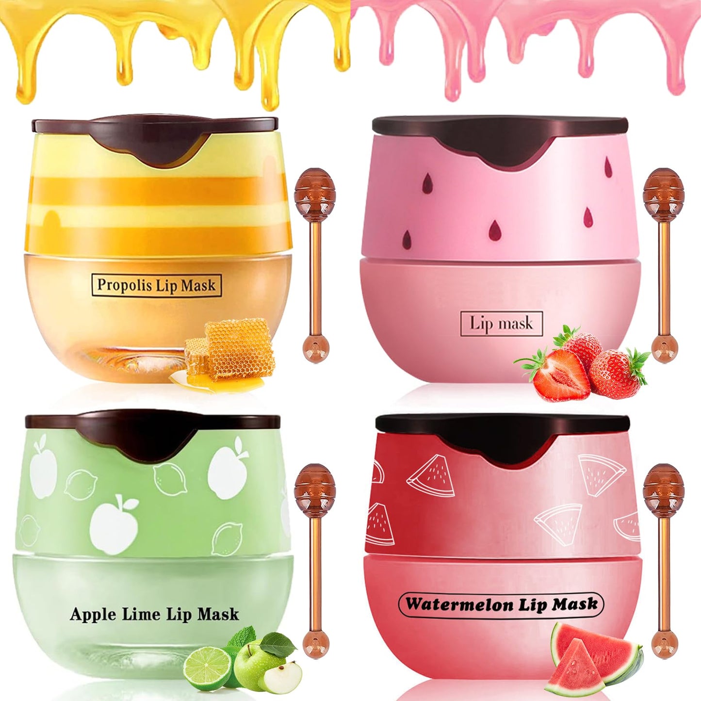 4 PCS Bee Lip Balm Lip Mask Honey Pot,Honey & Strawberry & Watermelon & Apple Lime Lip Mask Propolis Moisturizing Lip Balm with Stick,Sleeping Lip Mask Hydrating Prevention Dry & Cracked