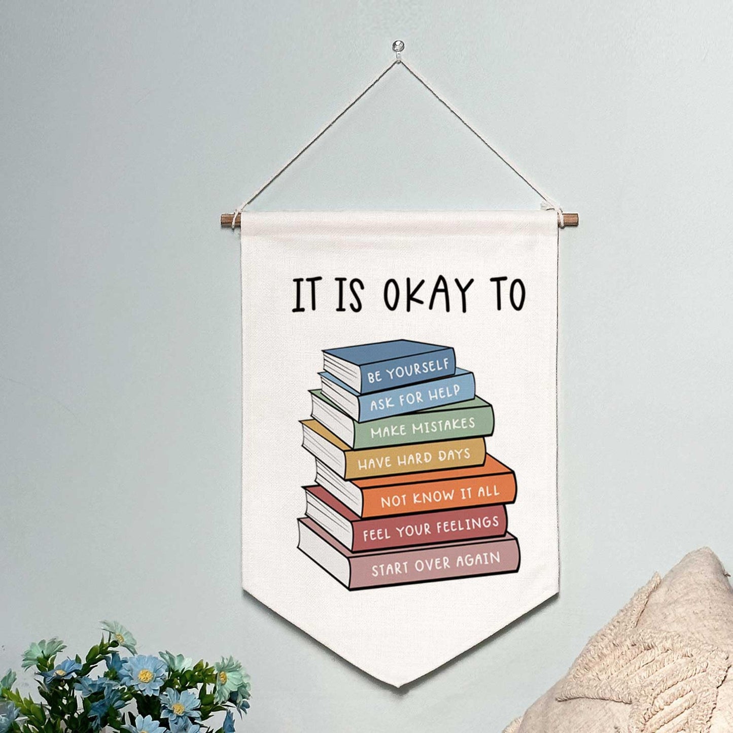 Classroom Wall Hanging Banner Poster Therapy Office Decor Calm Down Corner School Counselor Mental Health Growth Mindset Poster Anxiety Educational Wall Banner (It's Okay with Books)