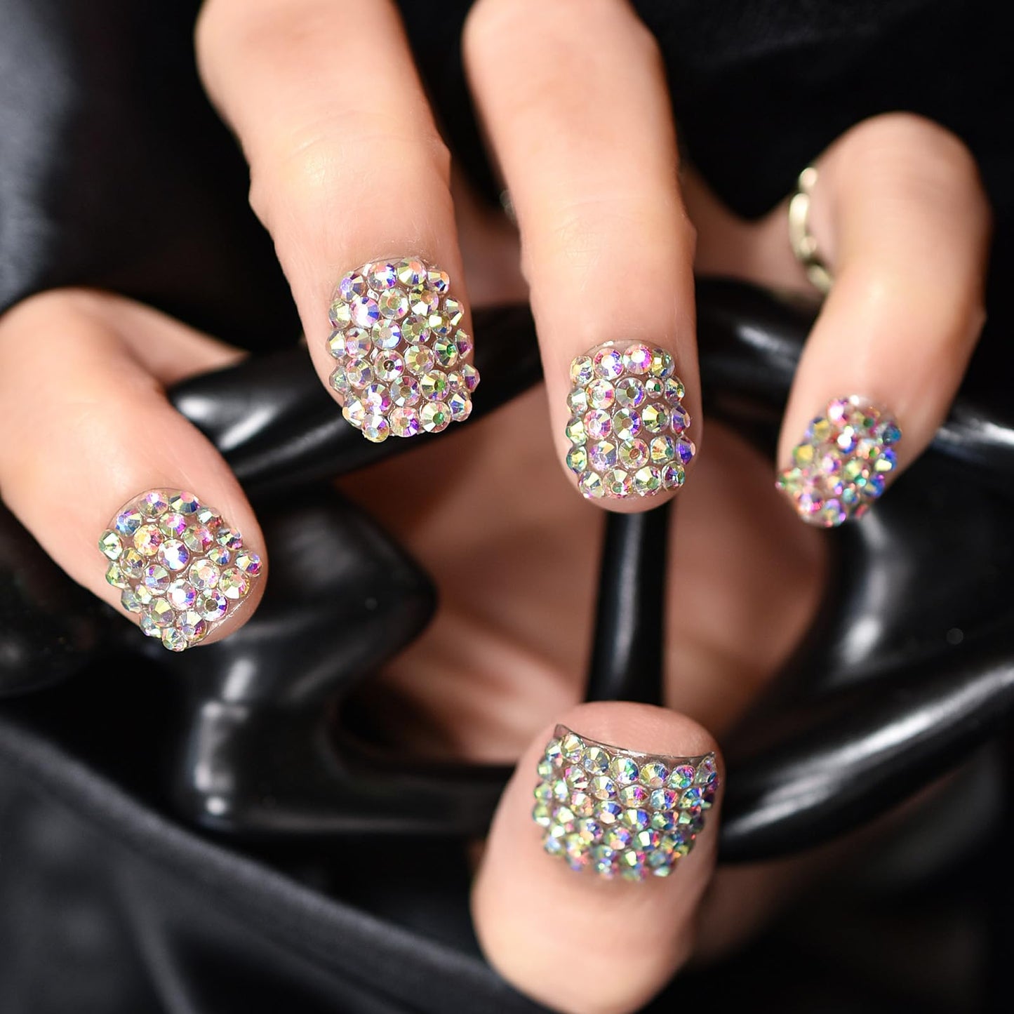 Luxurious 3D Crystal Rhinestones Press on Nails, Coolnail Short Holo Diamonds Handmade Nail Tips Kit, Jewelry Gems Decoration Full Cover Fake Glue Stick on Nails, Bling Nails for Party Women & Girl