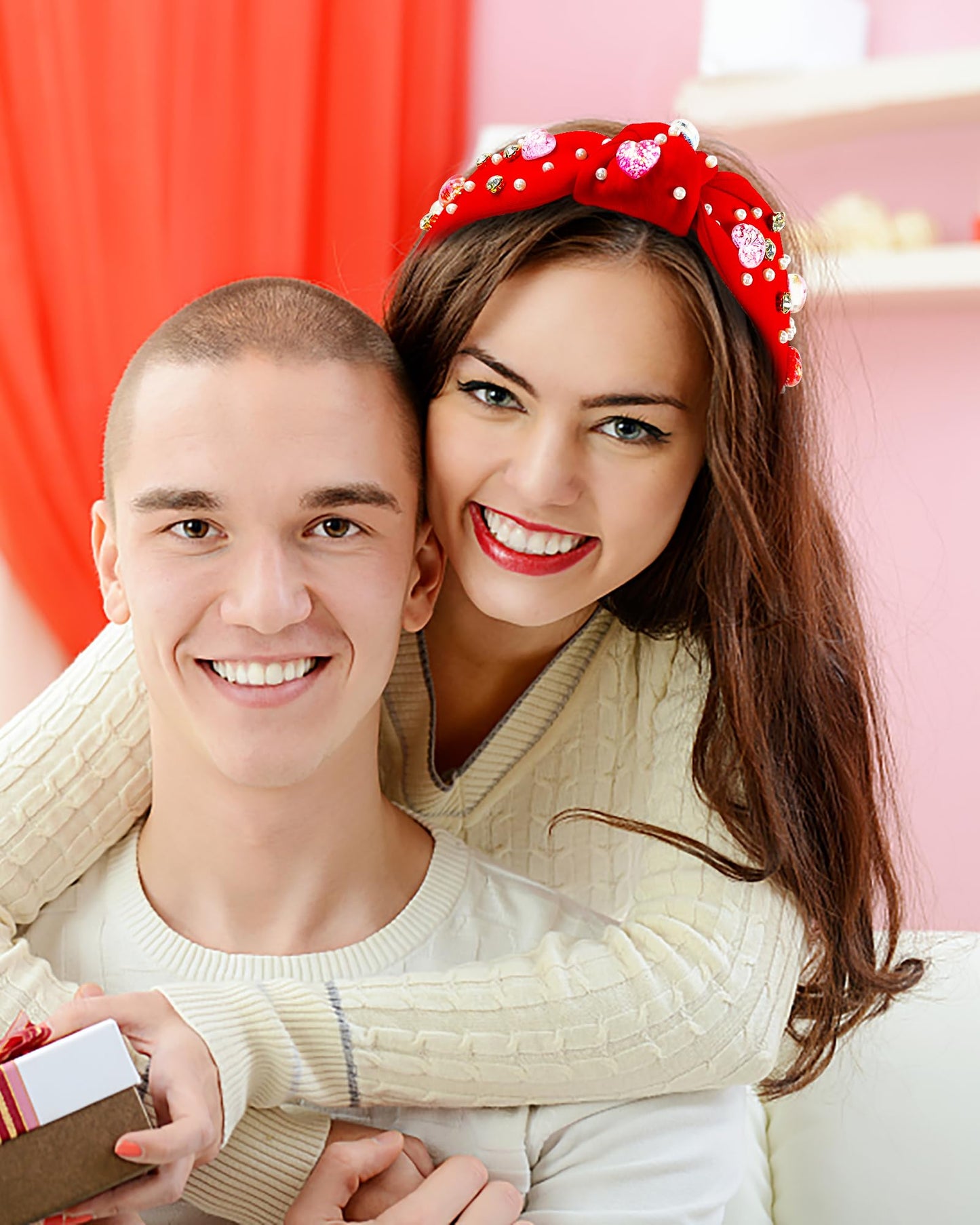 Bnikion Sweet Valentine's Day Heart Candy Embellished Red Headband Rhinestone Headband for Women Top Knot Twist Wide Hair Band Jeweled Crystal Knotted Headband Valentine's Day Gifts for Her