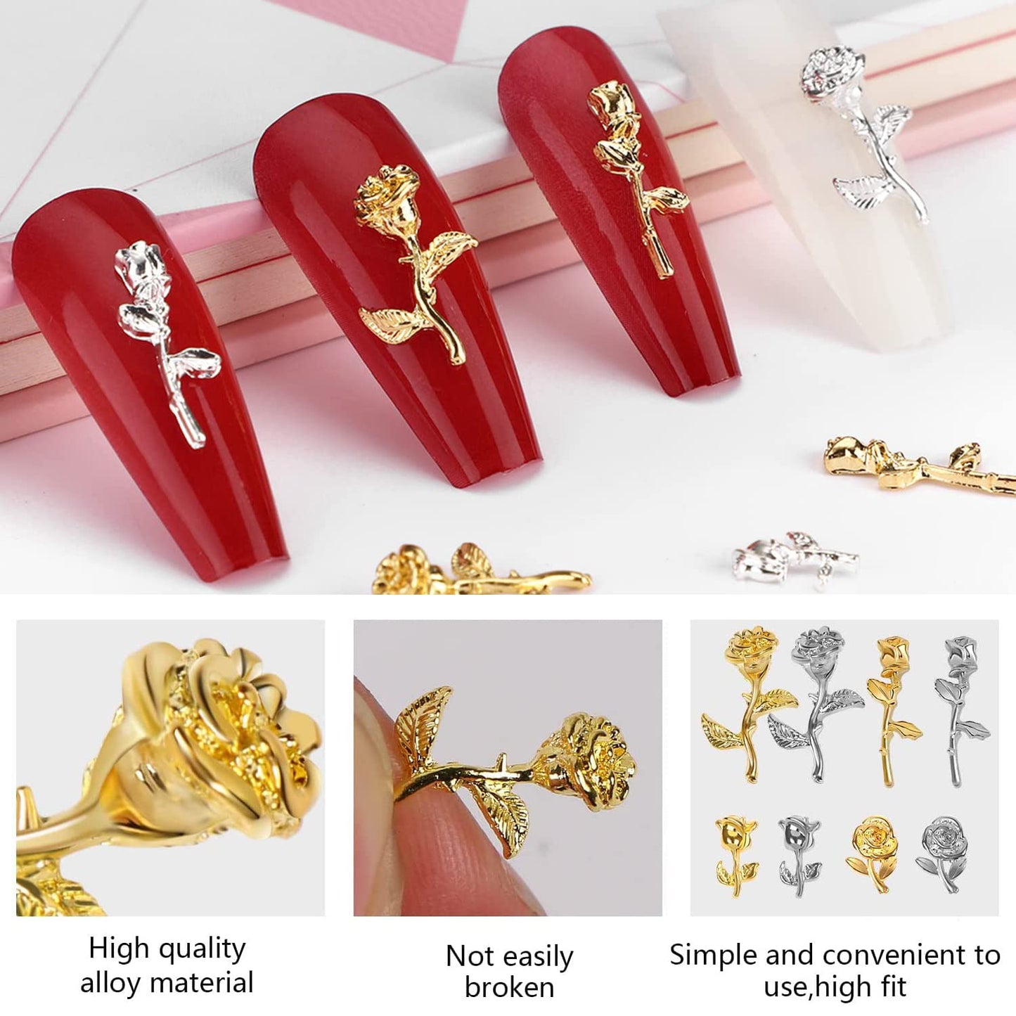 DANNEASY 120pcs Rose Nail Charms Gold Silver Flower Rose Buds/Blooming Charms for Nails Alloy Nail Jewels 3D Nail Art Charms Nail Decoration for Acrylic Nails DIY Nails Design Accessories