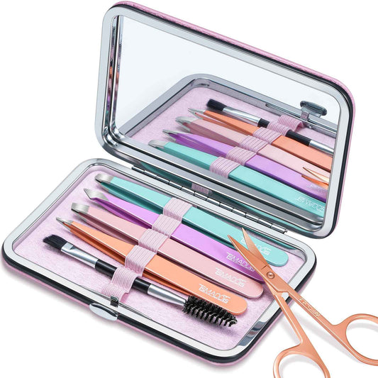 TsMADDTs Tweezers for Women Facial Hair - Precision Tweezers Set with Travel Case - Stainless Steel with Scissor, Mirror