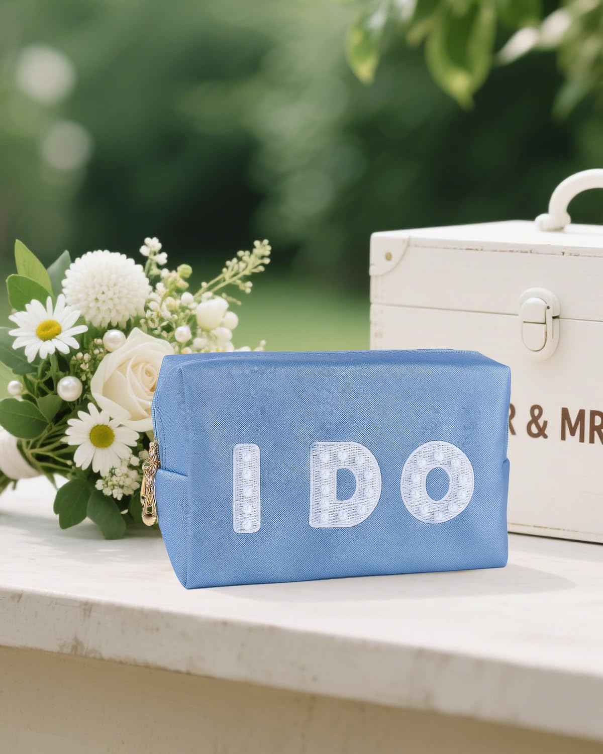 LIWOFLY Personalized Cosmetic Bag Pearl Monogram, Cute custom Makeup Bags for Women Girls Leather Bridesmaid Travel Makeup Bag, Aesthetic Toiletry Bag Organizer Storage Pouch, Blue I DO