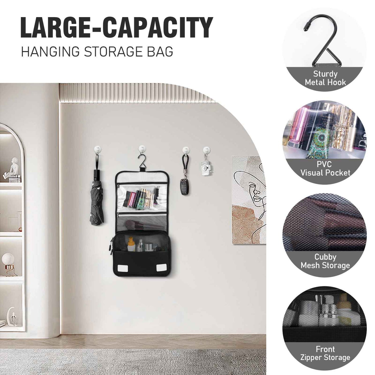 Playexen Hanging Travel Toiletry Bag, Portable Travel Cosmetic Organizer Bag for Women Men, Waterproof Toiletries Wash Bag with 4 Compartments & Hanging Hook (Black)