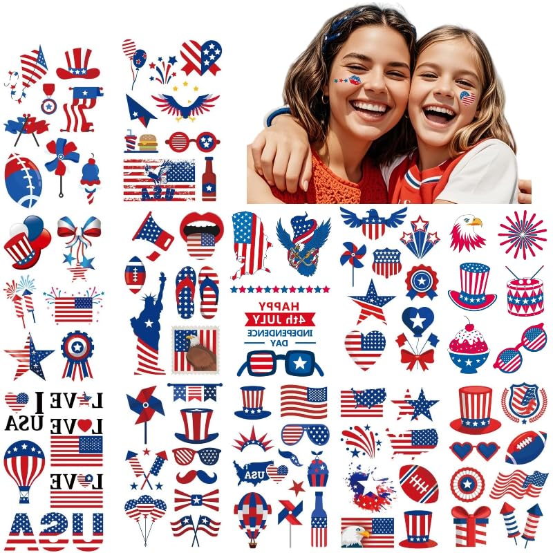 4th of July Tattoo Stickers - Patriotic Flag Design 12pc Set