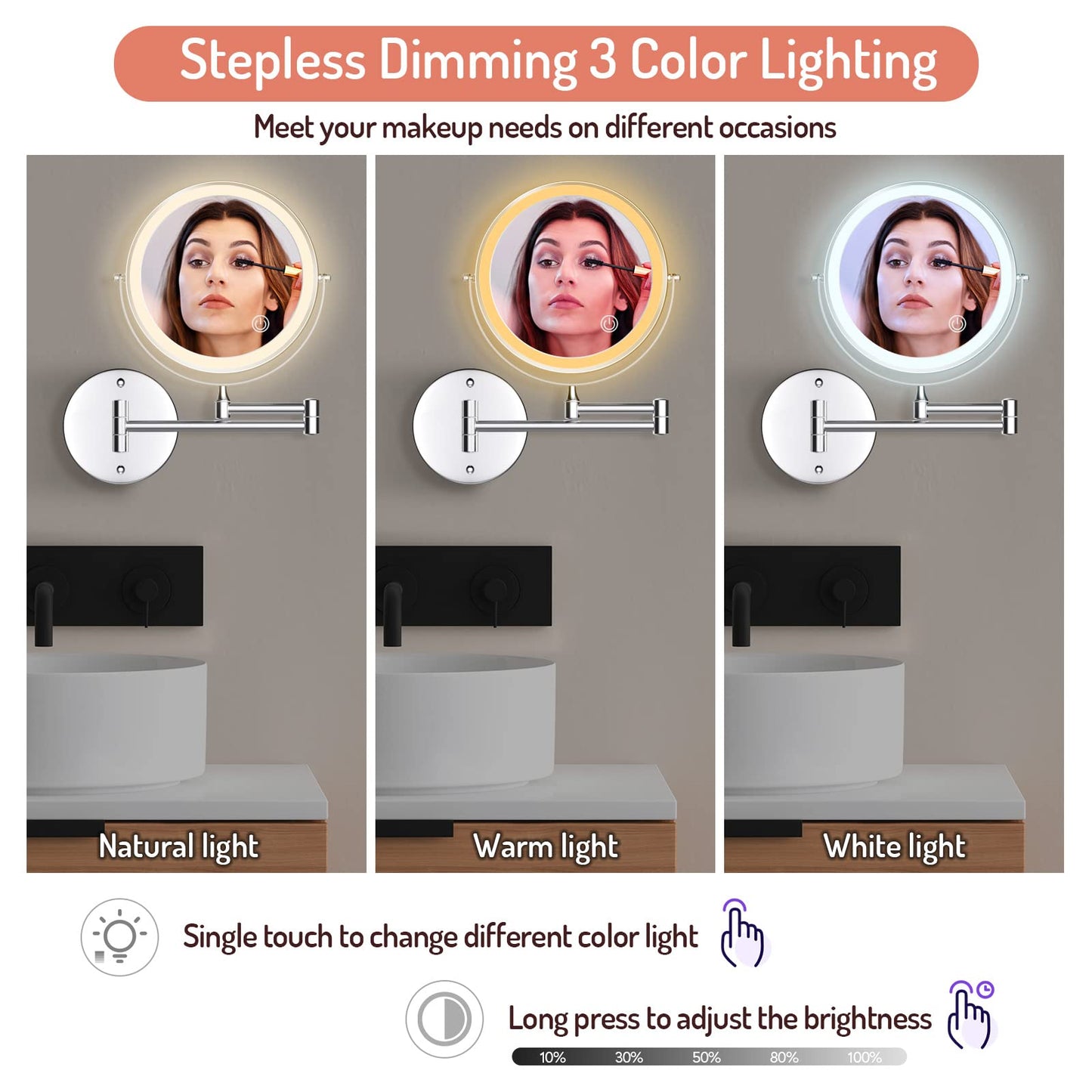 Rocollos Rechargeable Wall Mounted Lighted Makeup Mirror, 8 Inch Double-Sided LED Vanity Mirror 1X/7X Magnification,3 Color Lights Touch Screen Dimmable 360°Swivel 13 Inch Extendable