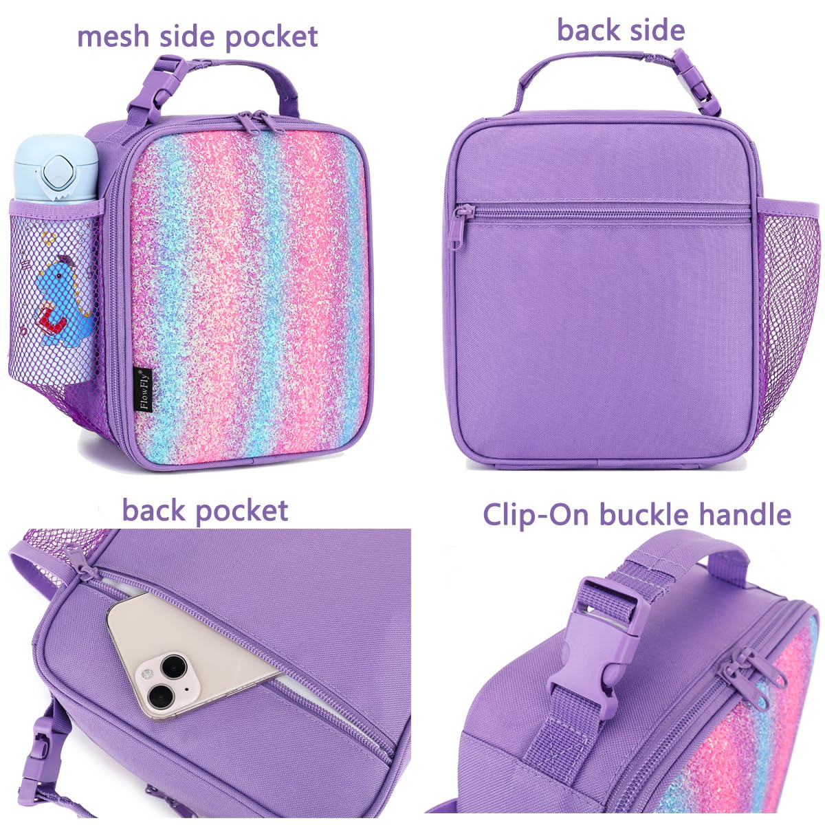 FlowFly Lunch box Insulated Soft Bag Mini Cooler Back to School Thermal Meal Tote Kit for Girls, Boys,Purple#Glitter