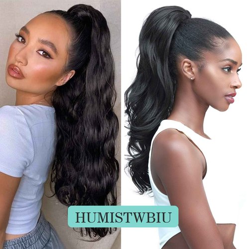 Humistwbiu Human Hair Body Wave Ponytail with Magic Paste Warp Around 100% Brazilian Virgin Human Hair Ponytail for Black Women Natural Color 16 Inch