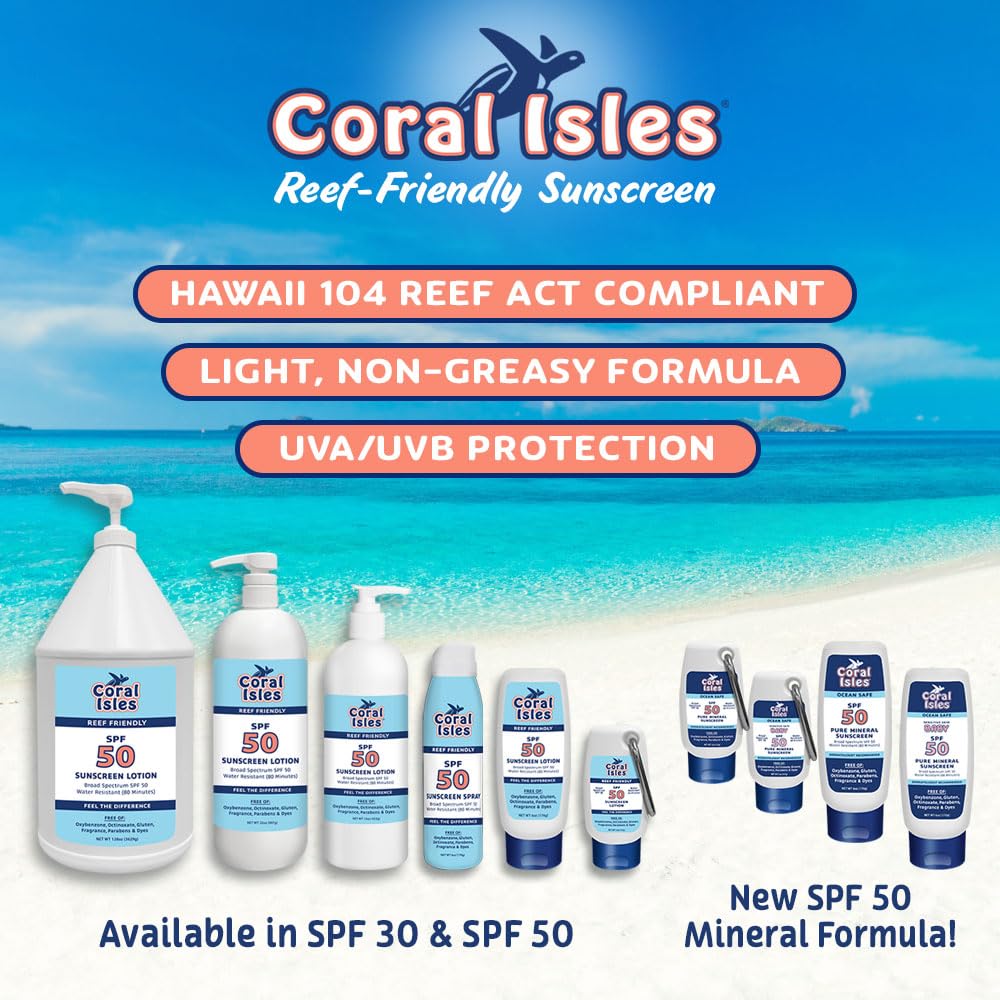 Coral Isles Sunscreen SPF 50 | Hawaii Compliant as Reef Safe | Octinoxate & Oxybenzone Free | Broad Spectrum UVA/UVB Protection | Water Resistant 80 Min. | Fragrance Free | 6 Fl Oz Lotion