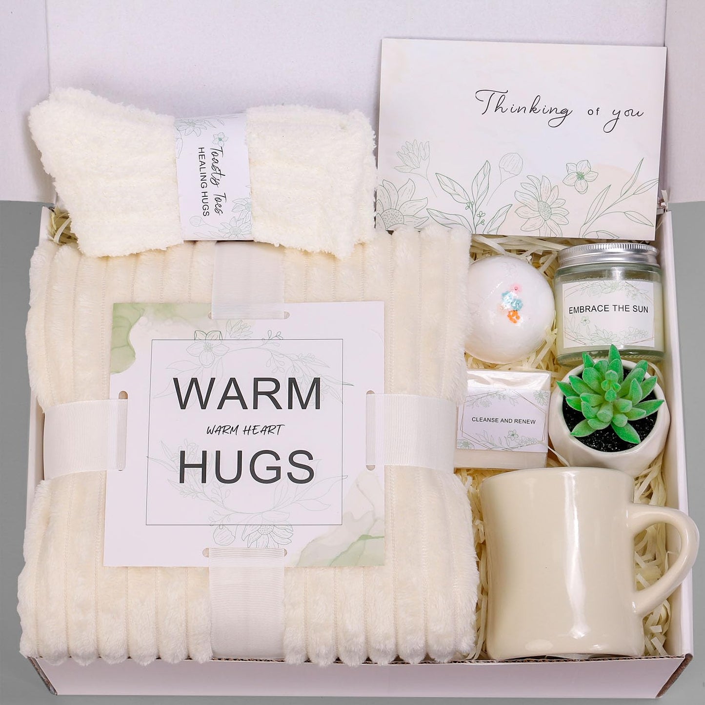 Unique Get Well Gifts for Women - Healing Hugs Gift Box with Cozy Blanket, Plush Socks, Rose-Scented Bath Bomb, Silkworm Protein Soap, Succulent, Mug, Scented Candle, and “Thinking of You” Card