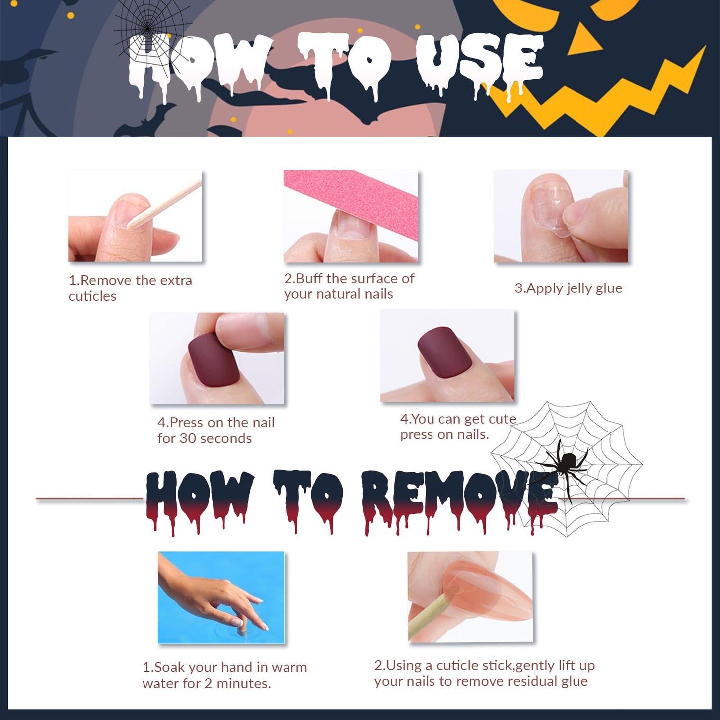 Halloween Press on Nails Long Square Fake Nails White French Tip False Nails Full Cover Coffin Nails Press Ons with Design Red Blood Drops Glue on Nails Acrylic Stick on Nails for Women 24Pcs