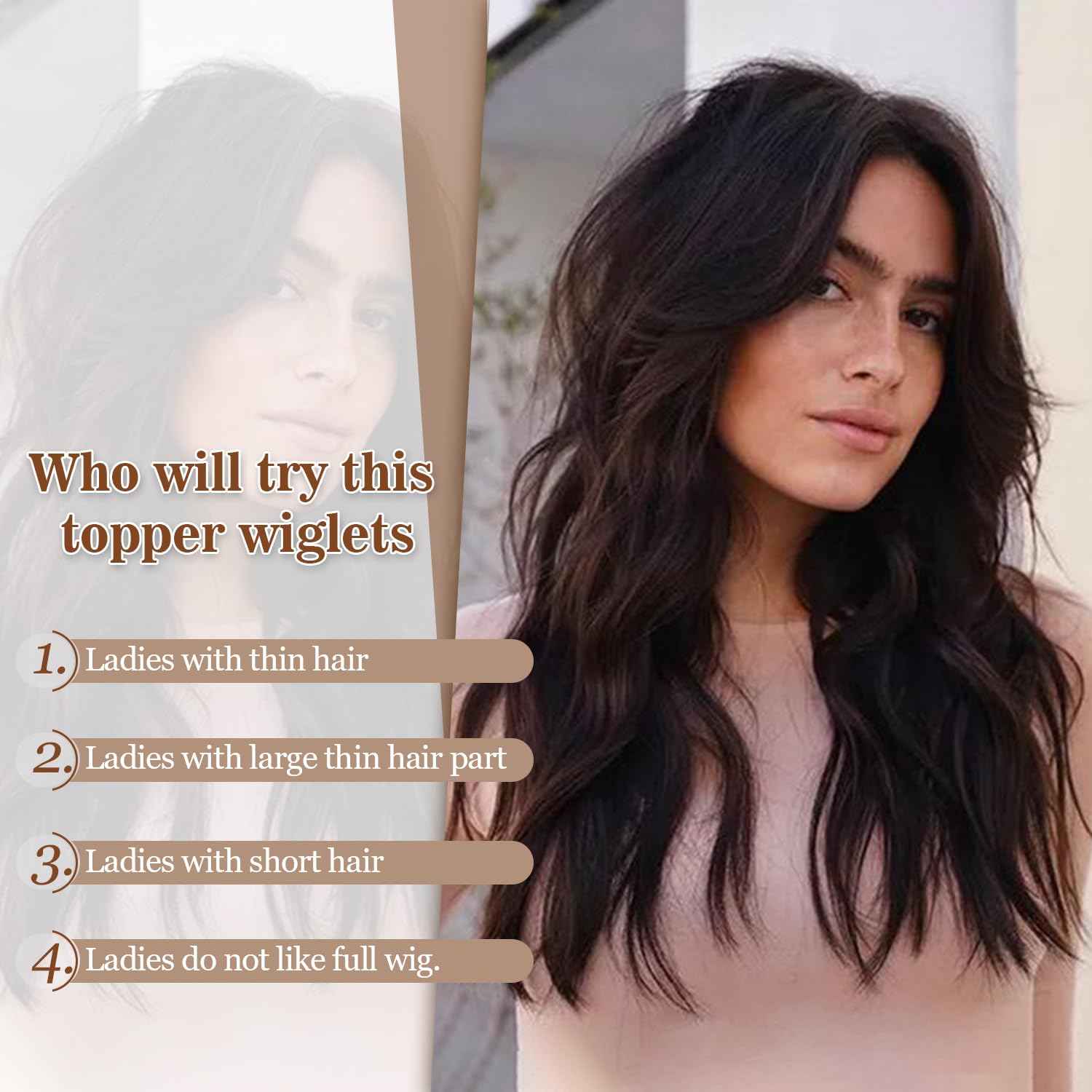 MORICHY Hair Toppers for Women Clip in Hair Topper with Bangs 20inch Coffee Brown Long Wavy Curly Synthetic HairPieces for Women