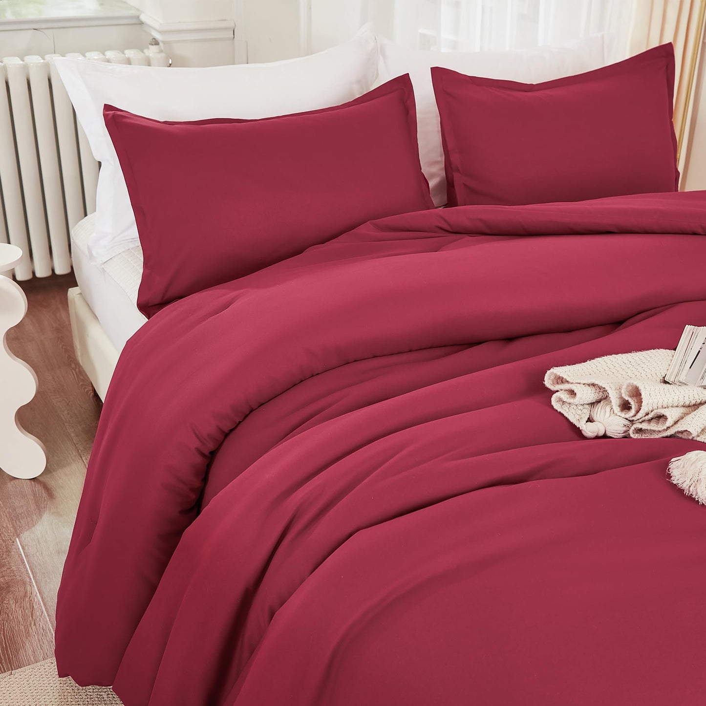 Litanika Burgundy Red Comforter Set Twin/Twin XL Size, 2 Pieces Lightweight Solid Bedding Comforter Set, All Season Fluffy Bed Set (66x90In Comforter & 1 Pillowcase)