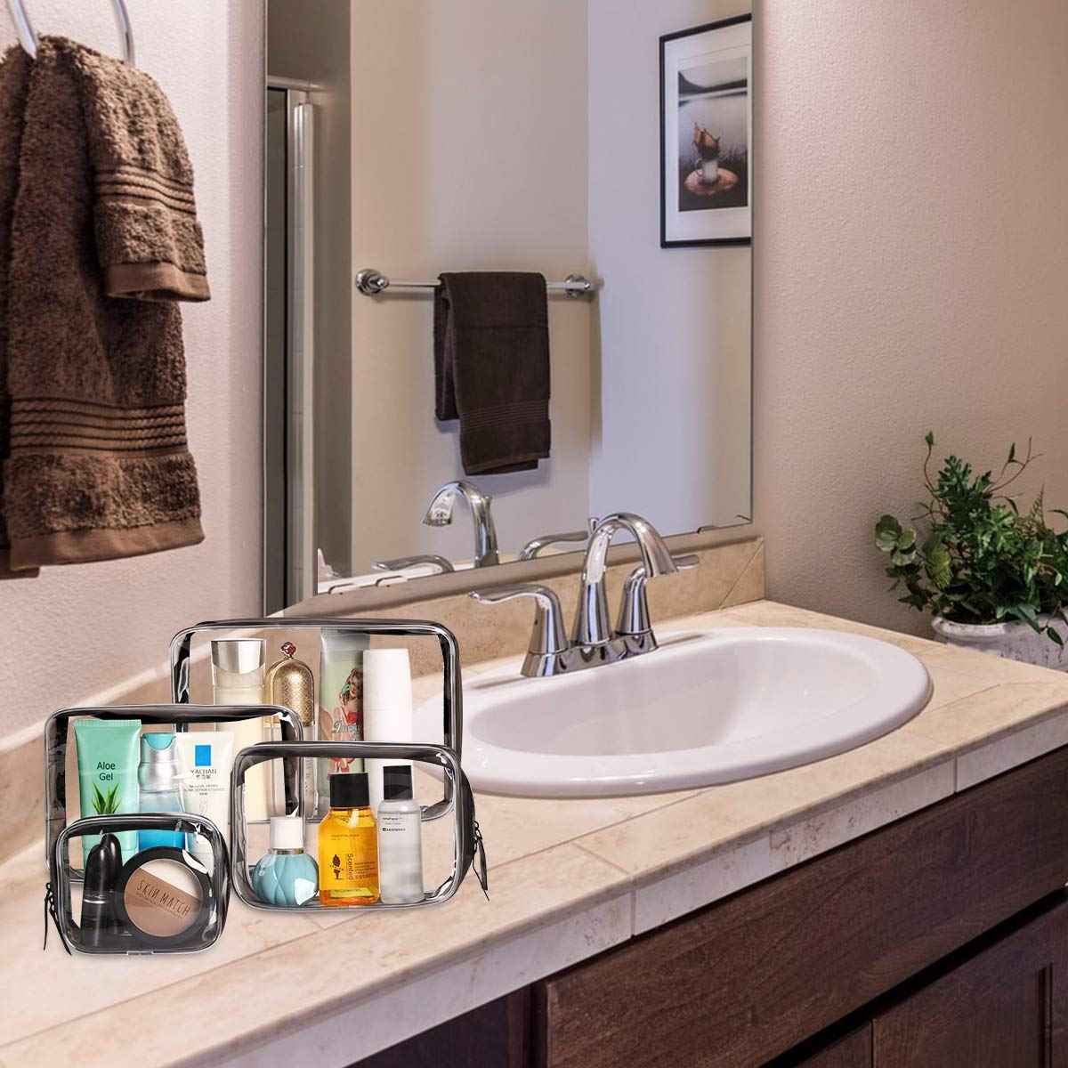 Clear Black Makeup Bags, 4pcs Cosmetic Makeup Bags Set TSA Approved Transparent Travel Toiletry Bag Waterproof Leakproof Carry On Airport Airline Cosmetic Organizer Pouch with Zipper for Women Men