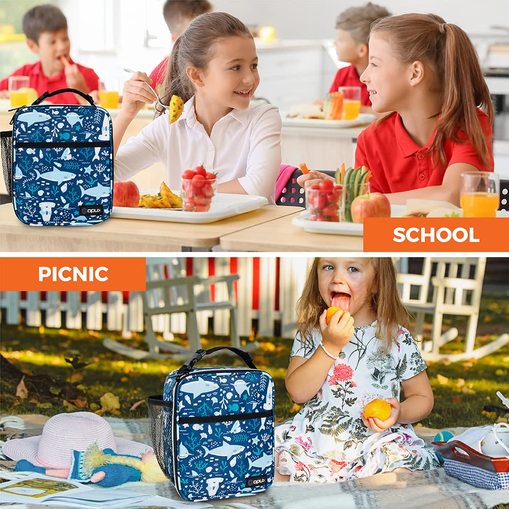 OPUX Premium Insulated Lunch Box, Soft School Lunch Bag for Kids Boys Girls, Leakproof Small Lunch Pail Men Women Work, Reusable Compact Cooler Tote Lunchbox for Office, Blue Shark