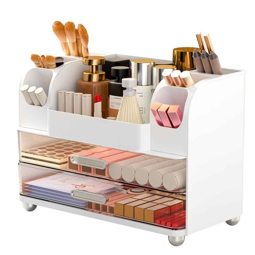 Ailleda Makeup Organizer Countertop with 2 Large Drawers, Vanity Organizer with Brush Holder, Skin Care Storage for Dresser, Perfume Organizer for Lotion, Lipsitck, Palette(White)