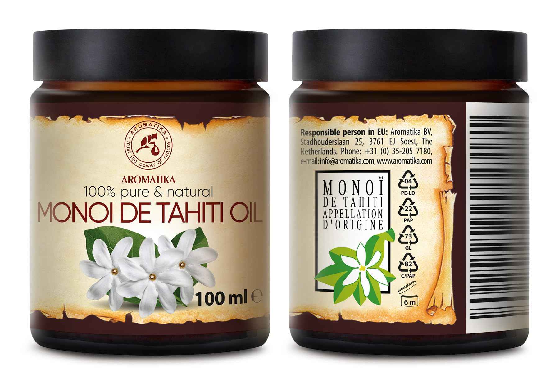 Monoi de Tahiti Carrier Oil 3.4 Fl Oz - Pure Cold Pressed Monoi Base Oil - Cocos Nucifera - Gardenia Tahitensis - Unrefined Carrier Oil for Essential Oils - Face & Body Care - Massage (Pack of 2)