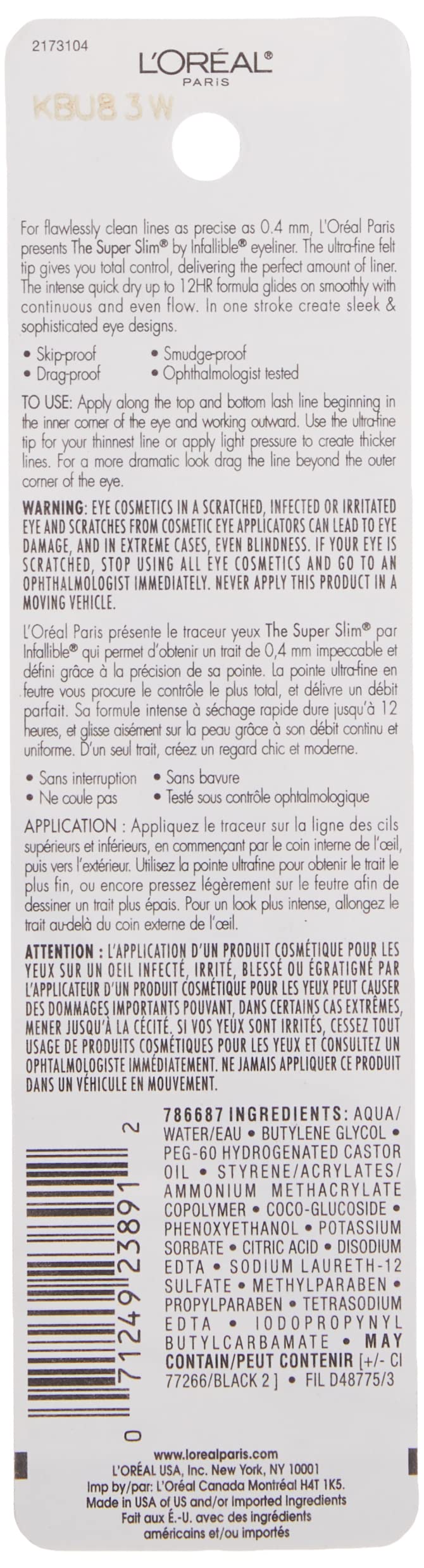 L'Oreal Paris Makeup Infallible Super Slim Long-Lasting Liquid Eyeliner, Ultra-Fine Felt Tip, Quick Drying Formula, Glides on Smoothly, Black, Pack of 1