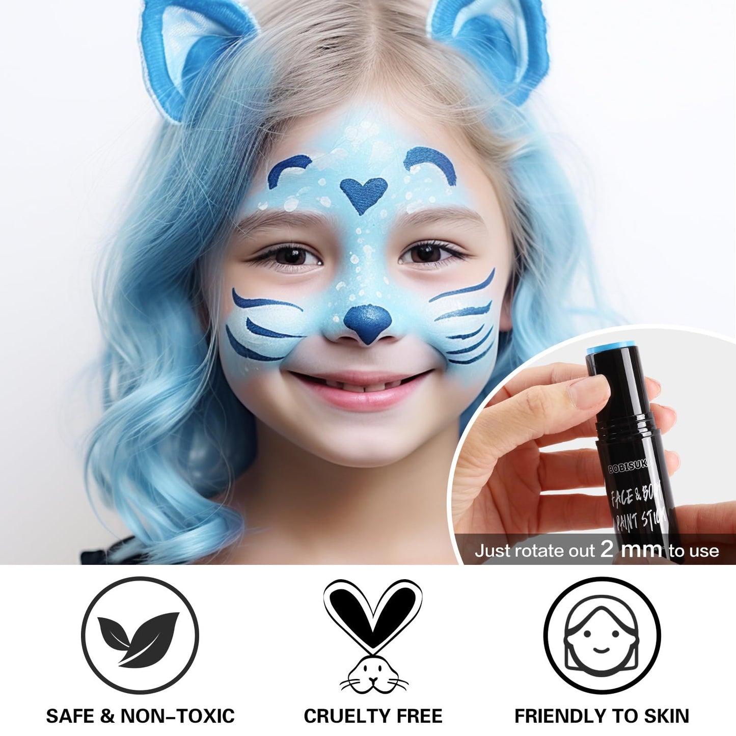 BOBISUKA Light Blue Face Body Paint Stick Blue Eye Black Sticks for Sports Water Based Face Painting Kit Quick Drying Foundation Makeup for Halloween Avatar Corpse Bride Smurf Cosplay SFX Costume Part