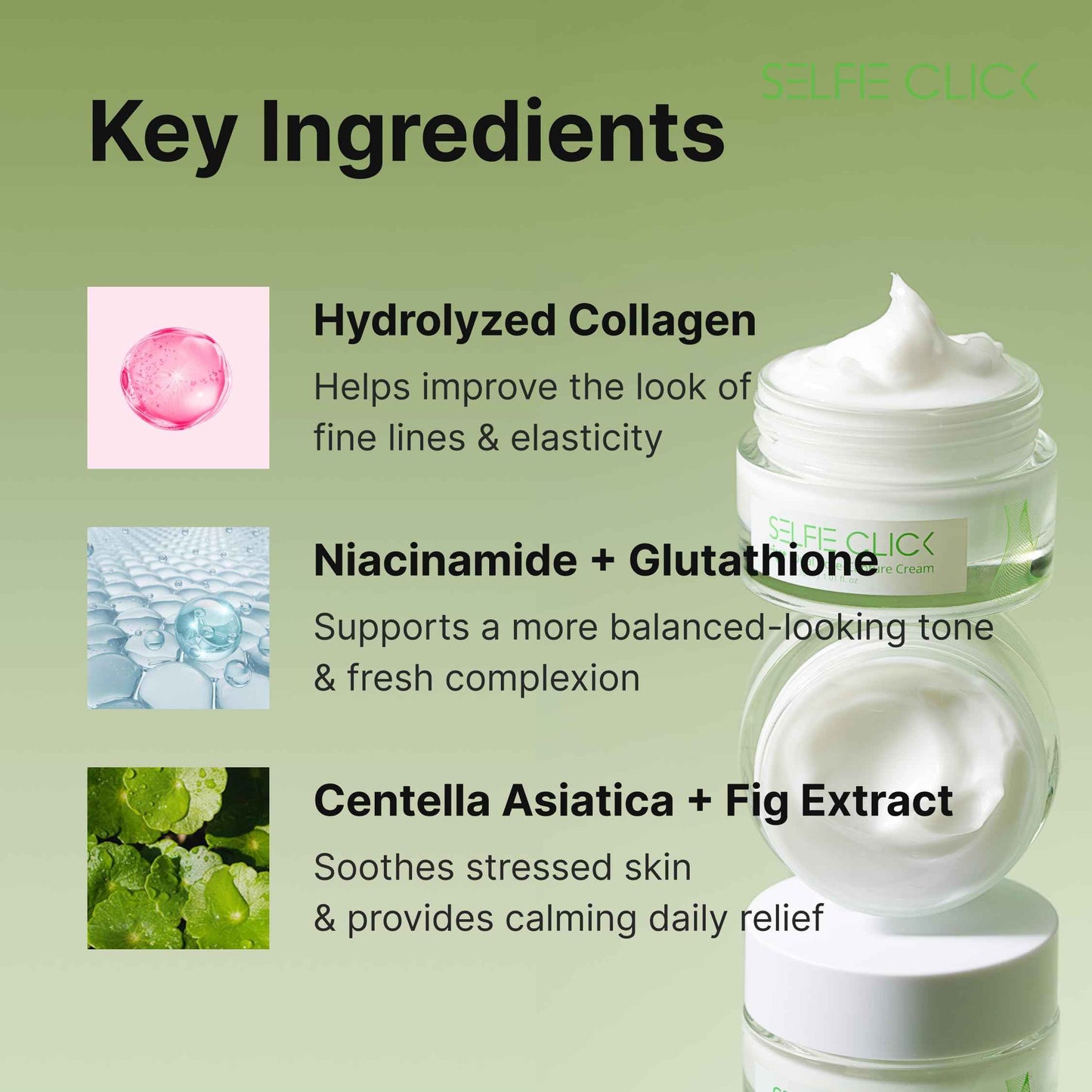 SELFIE CLICK Dual Core Deep Collagen Cream, Niacinamide, Ceramide & Hydrolyzed Collagen for Glowing & Lifted Skin, Hydrating & Firming Moisturizer, Korean Skin Care (1.01 Fl Oz / 30ml)