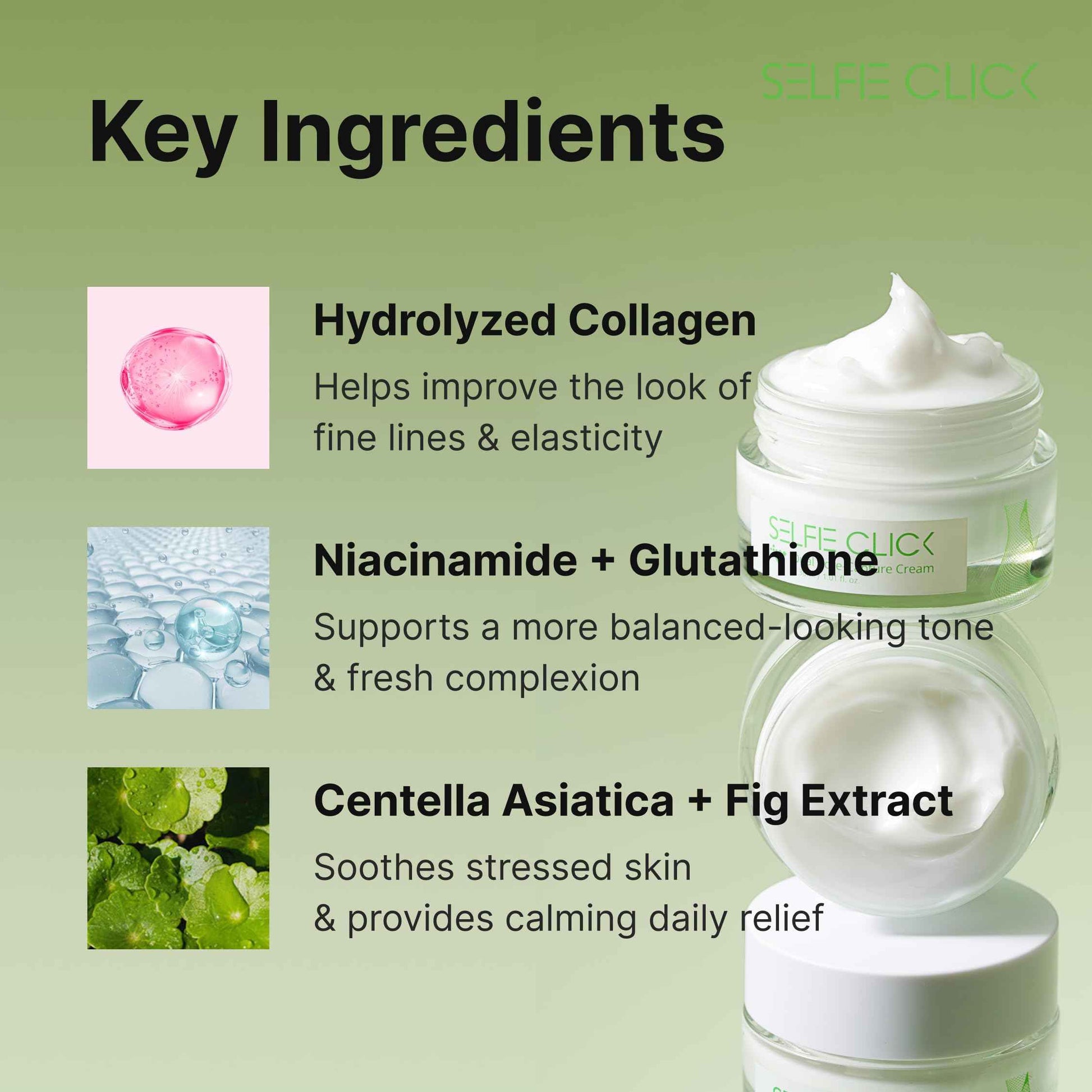 SELFIE CLICK Dual Core Deep Collagen Cream, Niacinamide, Ceramide & Hydrolyzed Collagen for Glowing & Lifted Skin, Hydrating & Firming Moisturizer, Korean Skin Care (1.01 Fl Oz / 30ml)