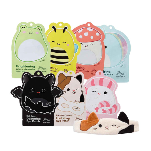 TONYMOLY x Squishmallows Hydrating Eye Patch Set (Assorted) + Facial Hydrating Sheet Mask Set + Cam the Cat Plush Headband for Skincare and Makeup, Washing Face, Makeup Application