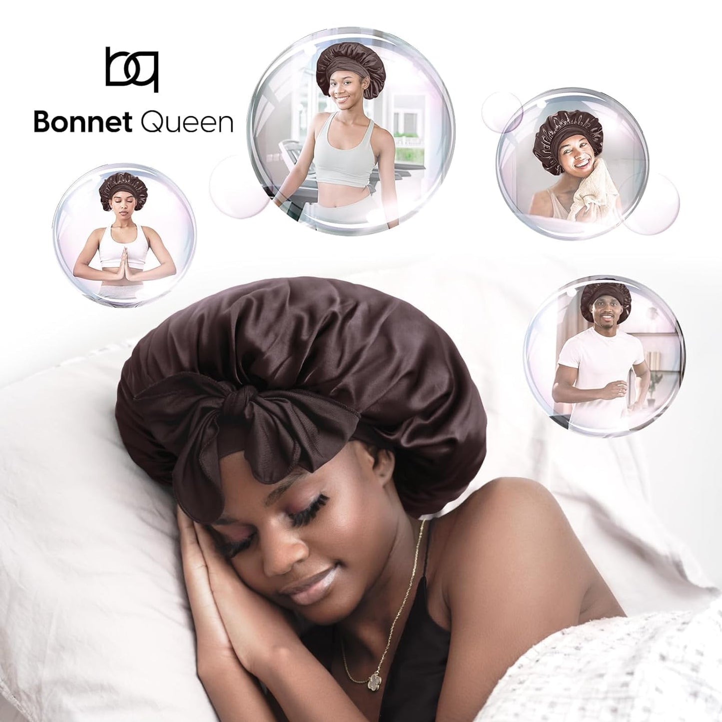 BONNET QUEEN Silk Bonnet for Sleeping Women Satin Bonnet Hair Bonnet night sleep cap scarf wrap for curly hair with tie band brown