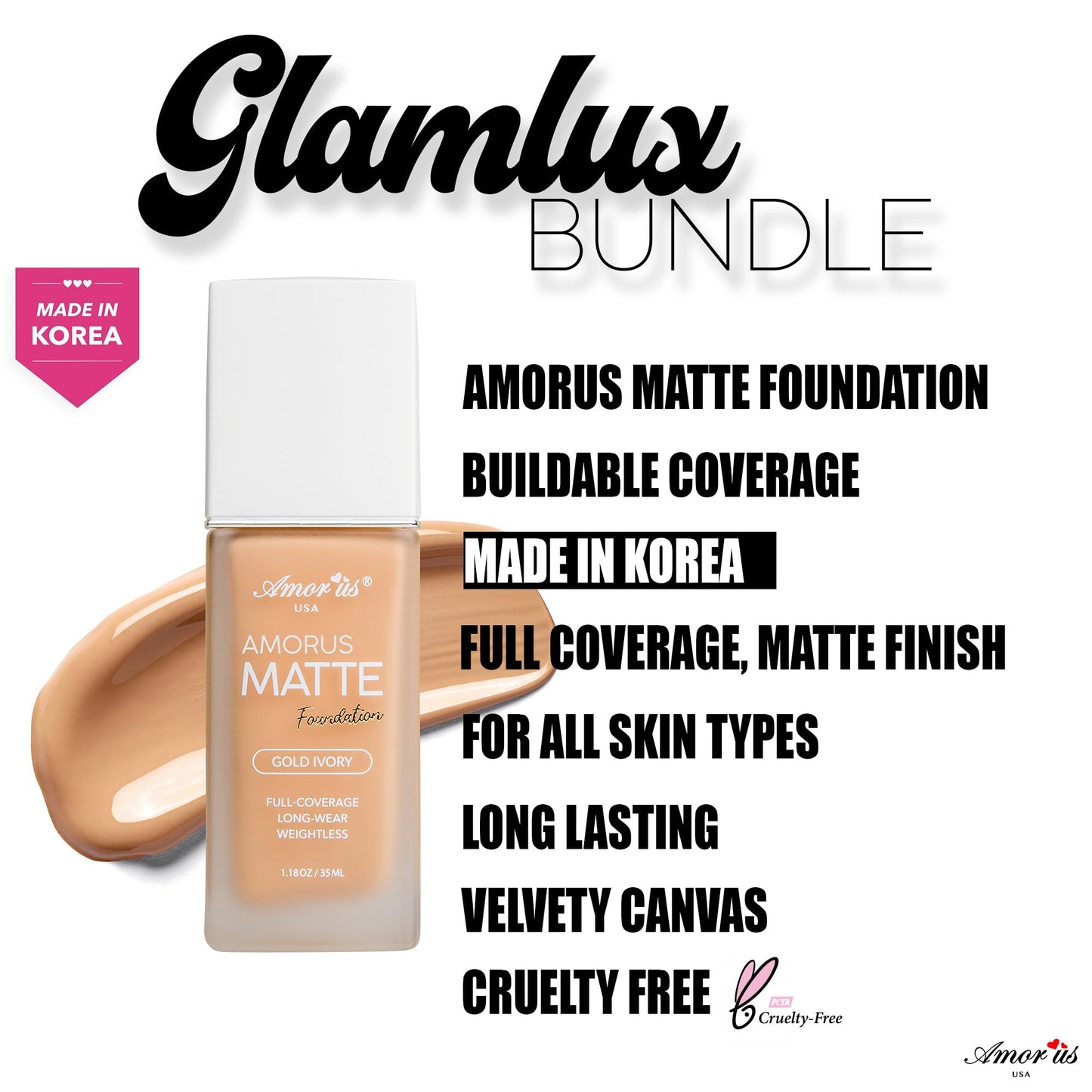 Glam Lux Beauty Amorus Matte Foundation, Full Coverage, Creamy Smooth Made in Korea, K-Beauty, Even Buildable Texture, Patch Free, Easy to Blend, Long Lasting, All Skin Types (Maple, 1.18 oz)