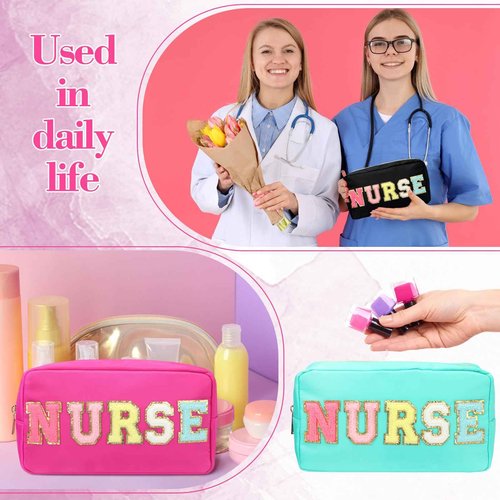 Cosblank 4 Pcs Nurse Makeup Bag Chenille Letter Nylon Cosmetic Bag Makeup Bag Toiletry Cosmetic Case Nurse Bag with Zipper Stuff Bag Cosmetic Pouch Makeup Pouch for CNA IPN RN Nurse Week