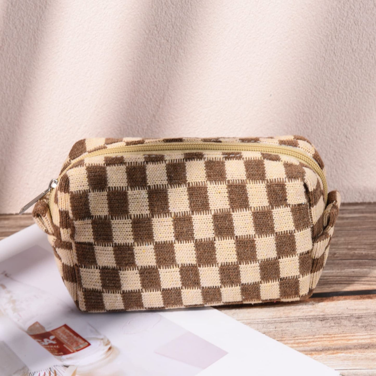 SOIDRAM 2 Pieces Makeup Bag Large Checkered Cosmetic Bag Brown Capacity Canvas Travel Toiletry Bag Organizer Cute Makeup Brushes Aesthetic Accessories Storage Bag for Women