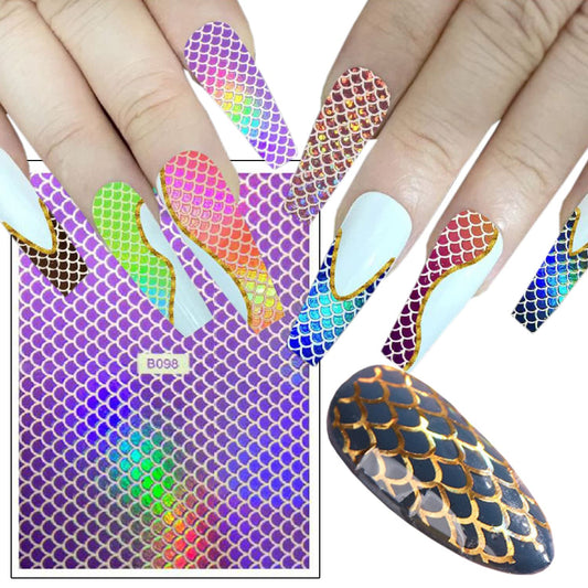 12 Colors Fish Scales Nail Art Stickers, 3D Mermaid Self-Adhesive Sticker Design, Laser Gold Silver Red Black Blue Pink Yellow Green Fish Scales Nail Transfer Decals for Women Manicure Decorations