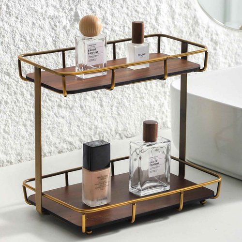 Dobbyby Bathroom Organizer Countertop Perfume Organizer Makeup Organizer Cosmetics Storage Display Rack Vanity Tray Dresser Stainless Steel Gold Shelf Wooden Tray